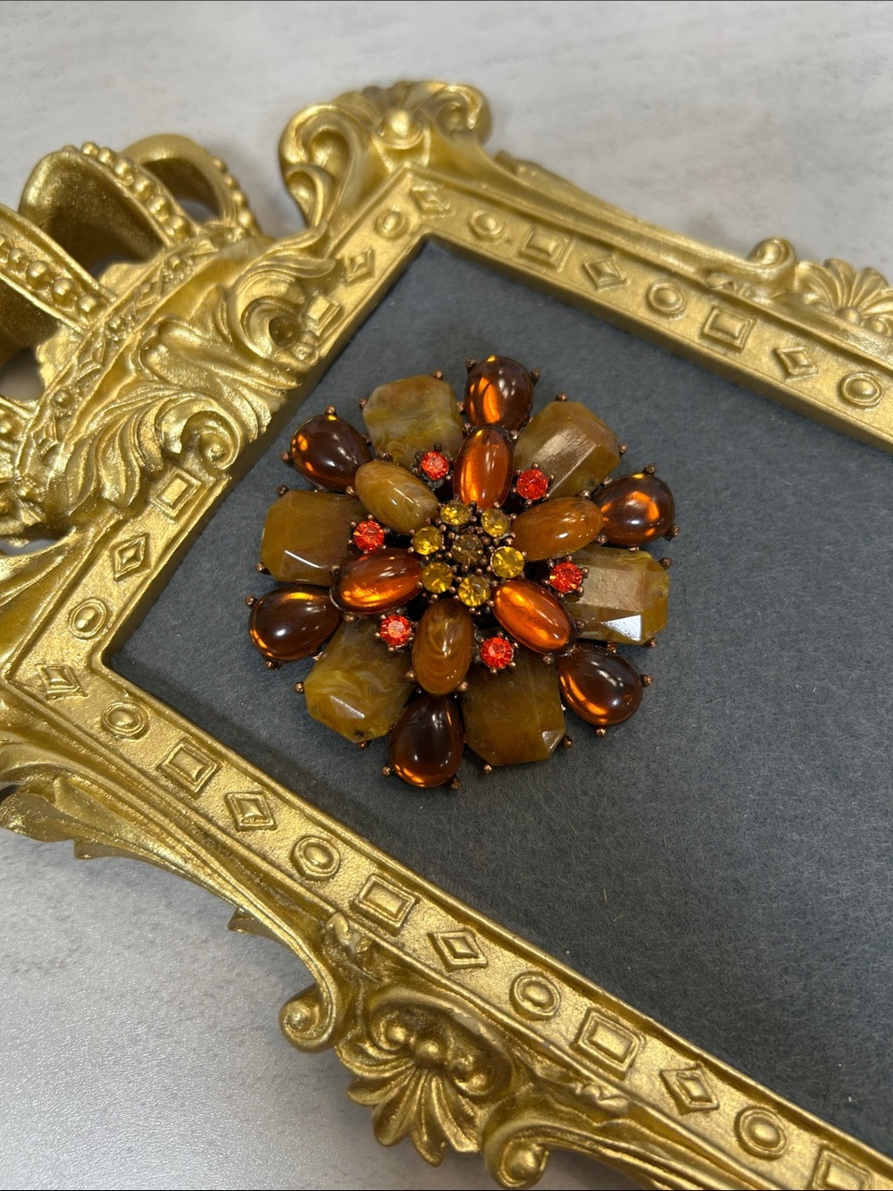 Vintage Floral Cluster Brooch in Amber & Orange Tones